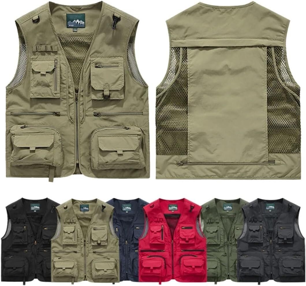 Gilet da Lavoro Estivo Multi-Borsa in Rete Senza Maniche, Gilet tattico for Sport all'Aria Aperta, Alpinismo, Caccia e Pesca(Army Green,5XL)