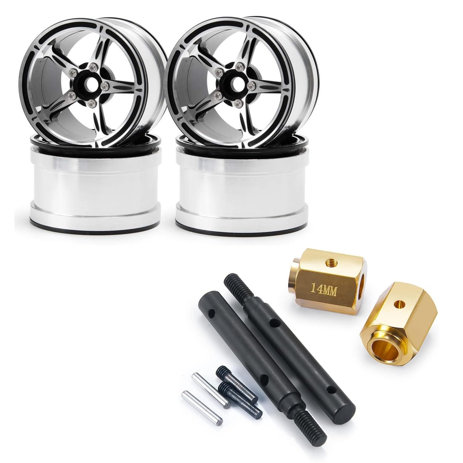 RCLIONS 2.2" Beadlock Wheels with Stub Axle and +14mm Extended Wheel Hubs Hex for 1/10th RC Crawler Truck Car