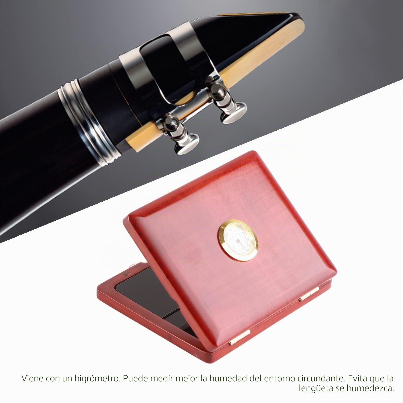 Estuche de Cañas para Clarinete Saxofón de Madera Maciza con Higrómetro, Goma e Interruptor Magnético para 5 Cañas (ámbar)