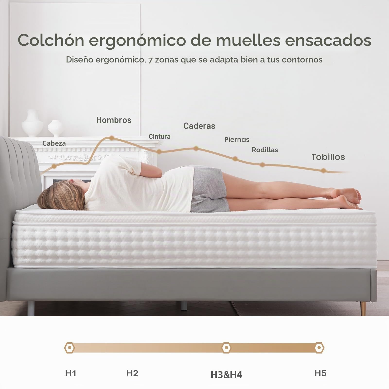 Colchón ortopédico de muelles ensacados, 140 x 200 cm, 26 cm de altura, 7 zonas, capa de espuma viscoelástica, dureza H3, alivio de la espalda, 100 noches de sueño