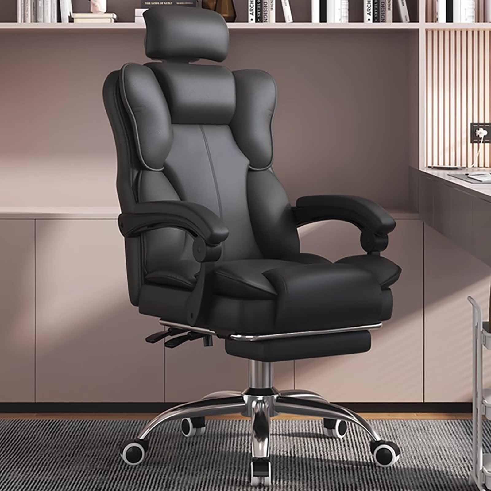 Sedia da ufficio ergonomica in pelle con poggiapiedi, schienale alto, sedia da scrivania per casa e ufficio, elegante design grigio carino, soluzione comoda per sedersi