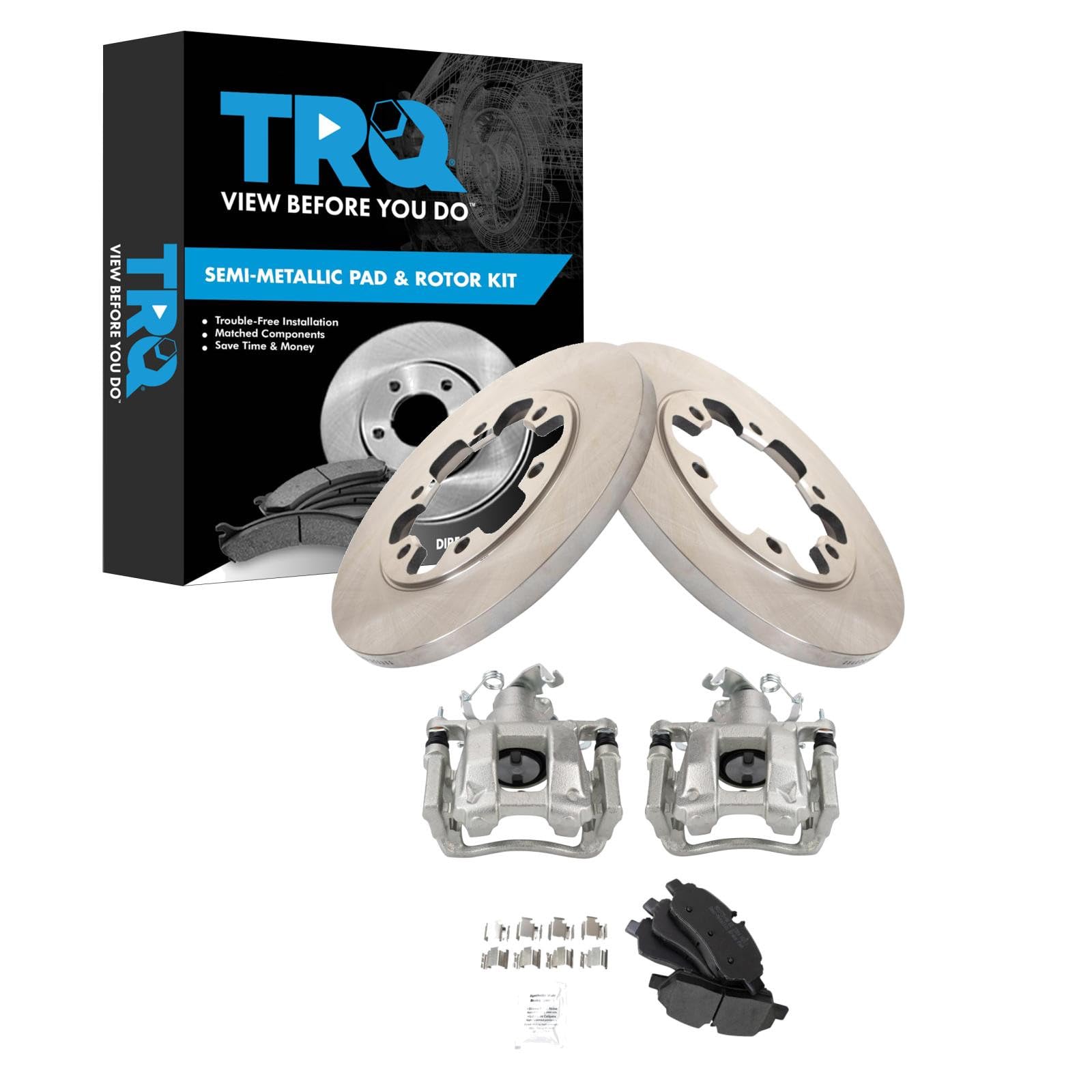 TRQ Rear Brake Pad and Rotor Set Semi Metallic Rotors Calipers Compatible with 2015-2019 Ford Transit-350 HD