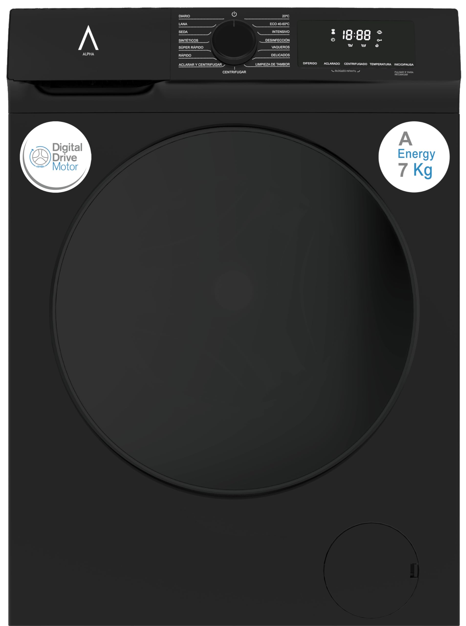 ALPHA Lavadora TITAN Elite-​7, Eficiencia A, Negro Brillo, Digital Smart Inverter, 1.200rpm, 7kg, *Alta Gama*
