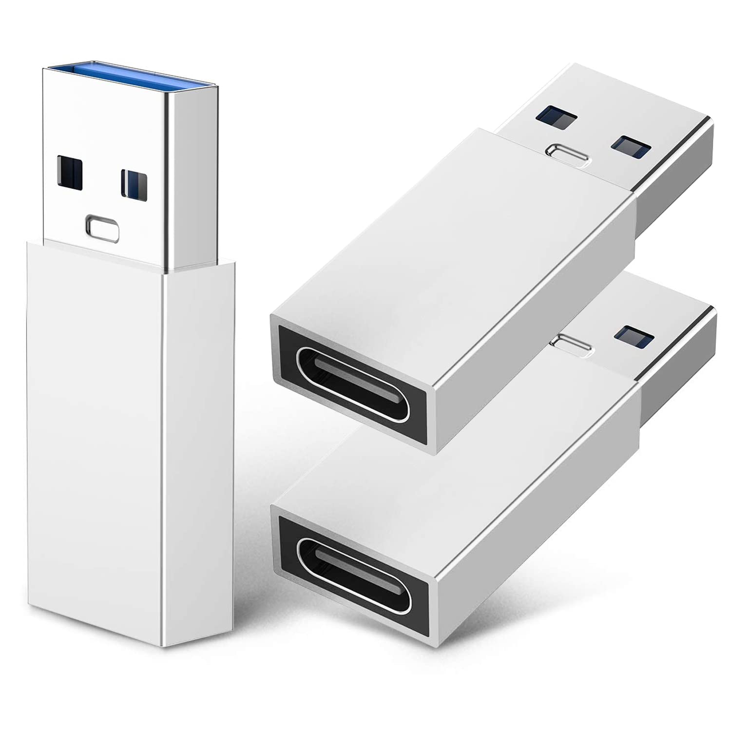 USB C Female to USB Male Adapter (3-Pack), USB3.0 A to USB C Adapter, Wansurs One-Sided SuperSpeed Data Sync & Fast Charging - Compatible with Laptop, PC, Charger, Power Bank, Quest Link (Silver)