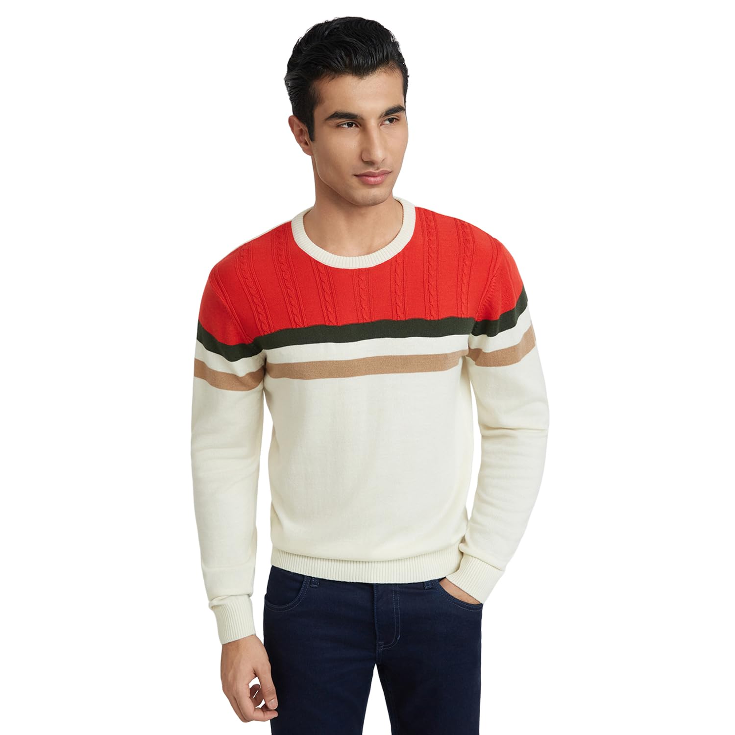 Men's Regular Fit Acrylic Wool Blend Round Neck Structure Cable Pattern Full Sleeve Sweater-image-32