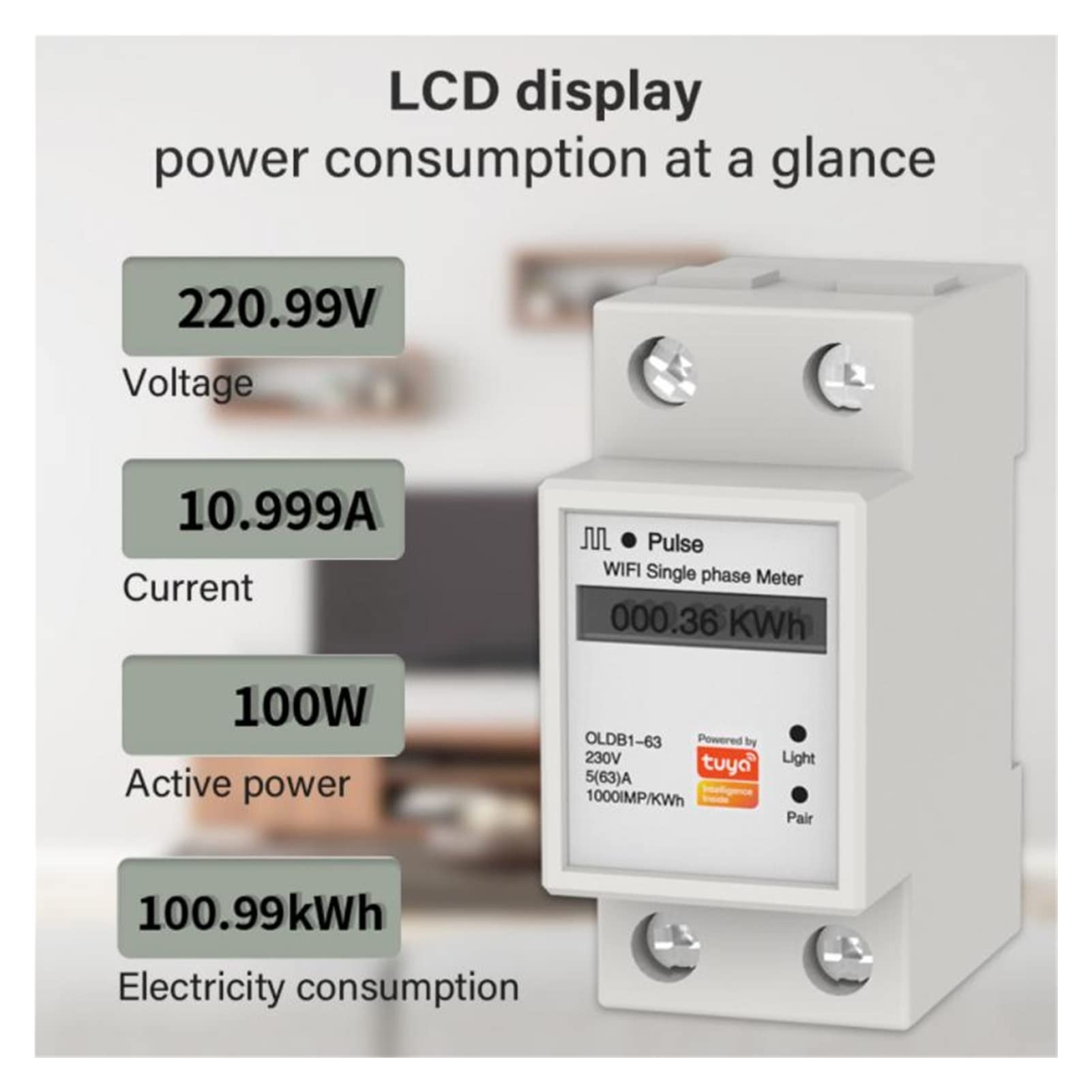 Monitor de energía del medidor inteligente, Medidor de energía de medición inteligente WiFi 110-286V TUYA / SMART LIFE App DIN RAIL monofásico inteligente WIFI Interruptor de medición Fácil instalació