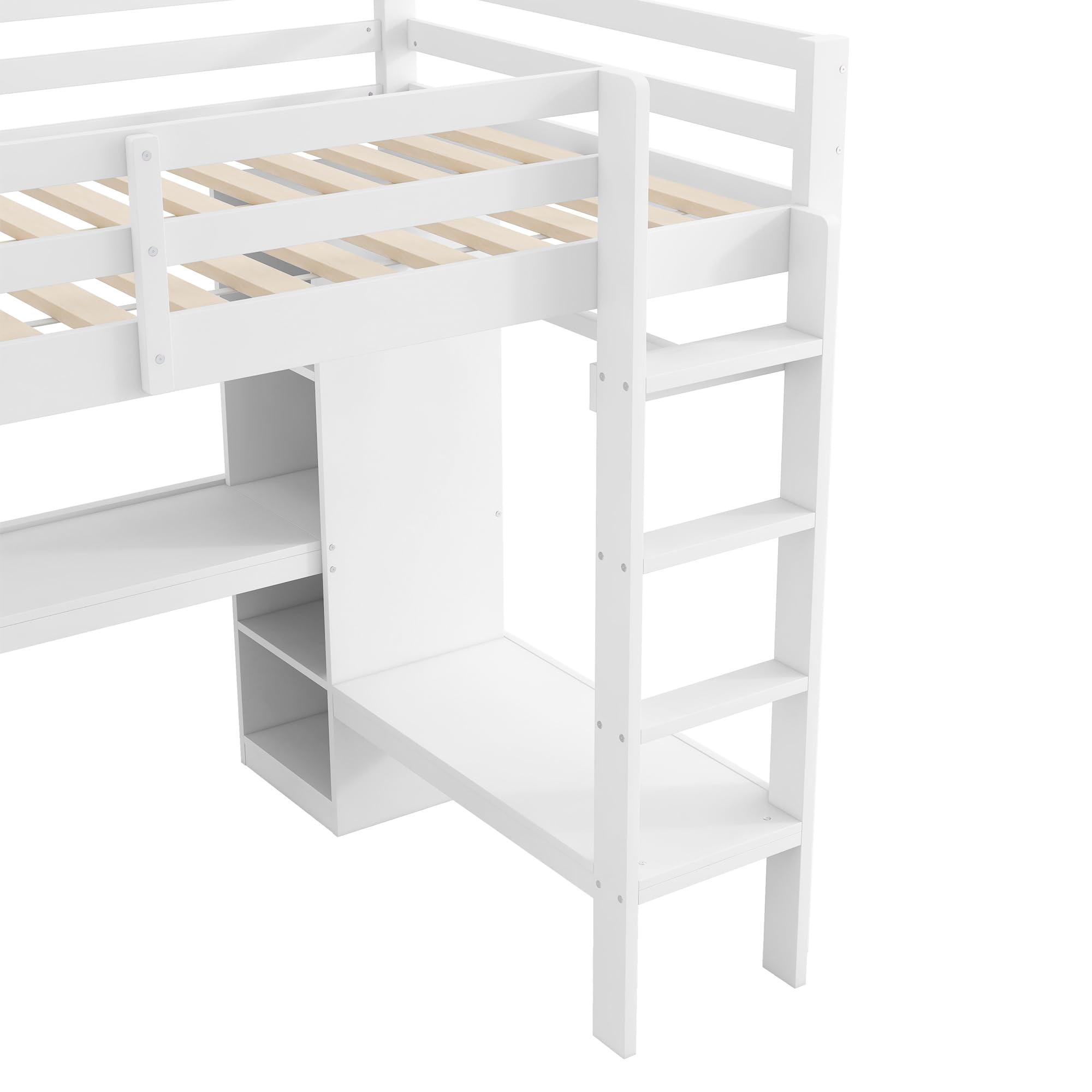 Moimhear Letto a soppalco con mensole multifunzione, scrivania sotto il letto, luce LED e USB, senza materasso, 140 x 200 cm (bianco)