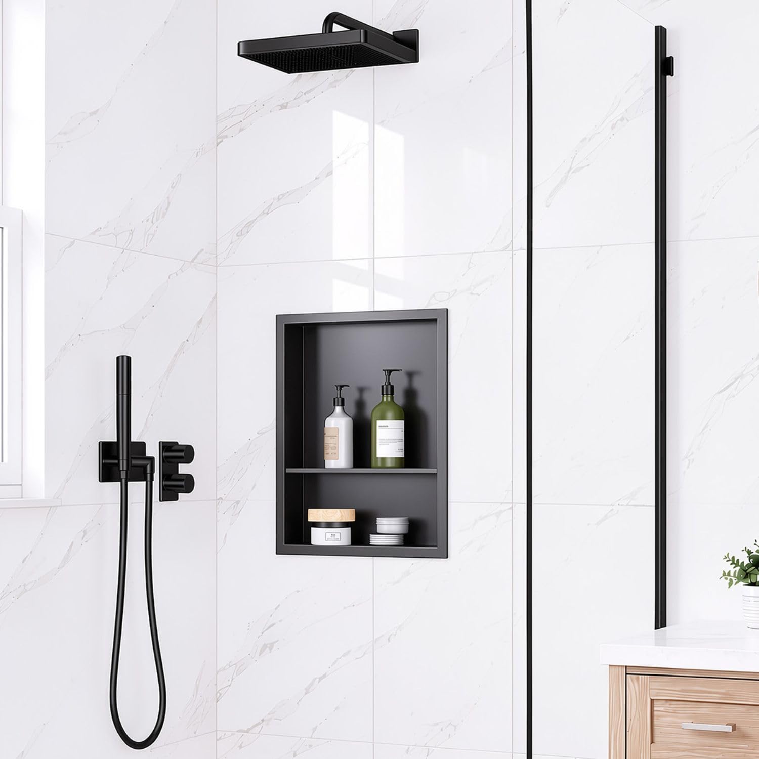 20 x 16 Inch Stainless Steel Shower Niche, No Tile Needed Wall Niche with Double Shelves, Recessed Wall Niche Insert for Bathroom Shower Kitchen Storage, Matte Black