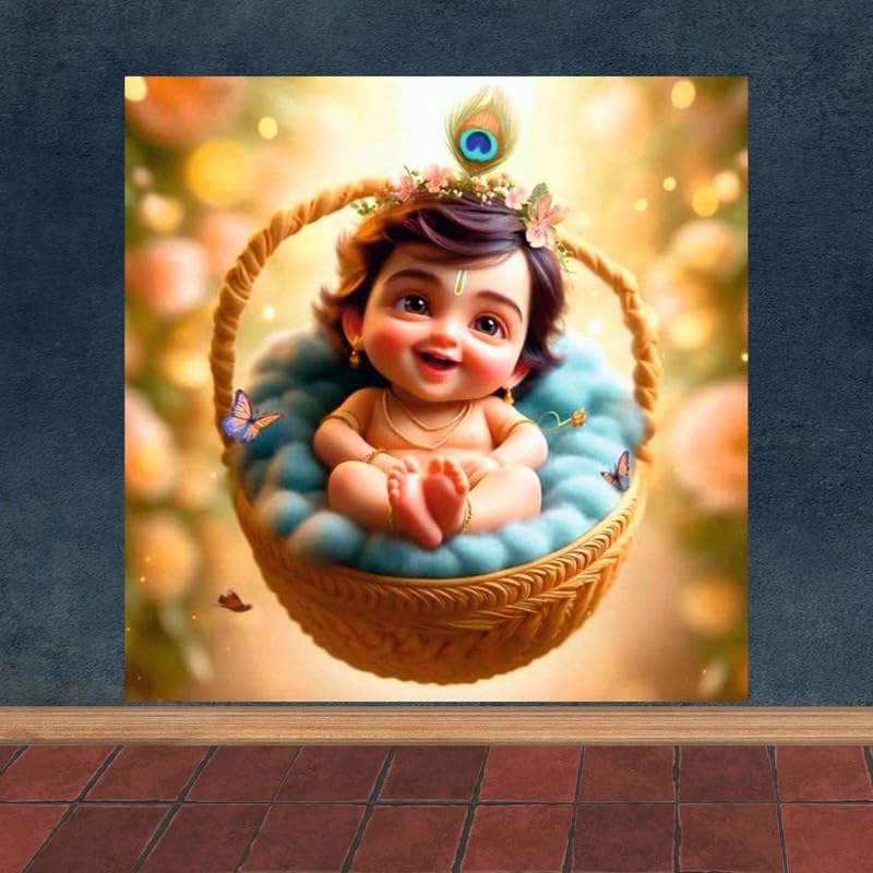 Image of British Terminal Cute little Bal Gopal Baby God Krishna| Kanha Ji | Laddu Lord Makhan Chor Painting Religious Poster for Pregnant Women for wall (matt thin vinyl,sticker,multicolor,unframed)| bj114