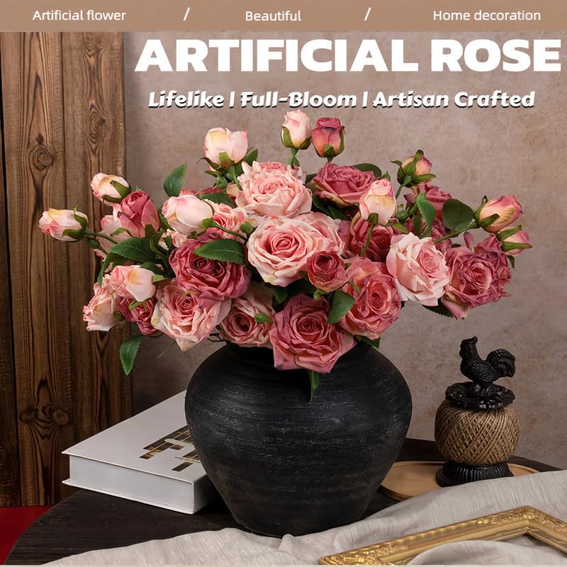 10Pcs Artificial Roses Flowers for Vase -22",Bulk Vintage Faux Silk Burnt Edge Rose Long Stems for DIY Bouquets Wedding Centerpieces Home Decor (No Vase)