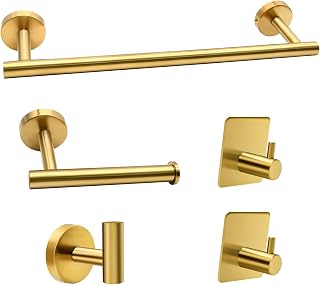 5/10/20pcs Bathroom Hardware Set, Black/Brushed Nickel/Brushed Gold Stainless Steel Bathroom Hardware Set, Including 16" Hand Towel Bar, Toilet Paper Holder, Robe Towel Hooks (5pcs, Brushed Gold)