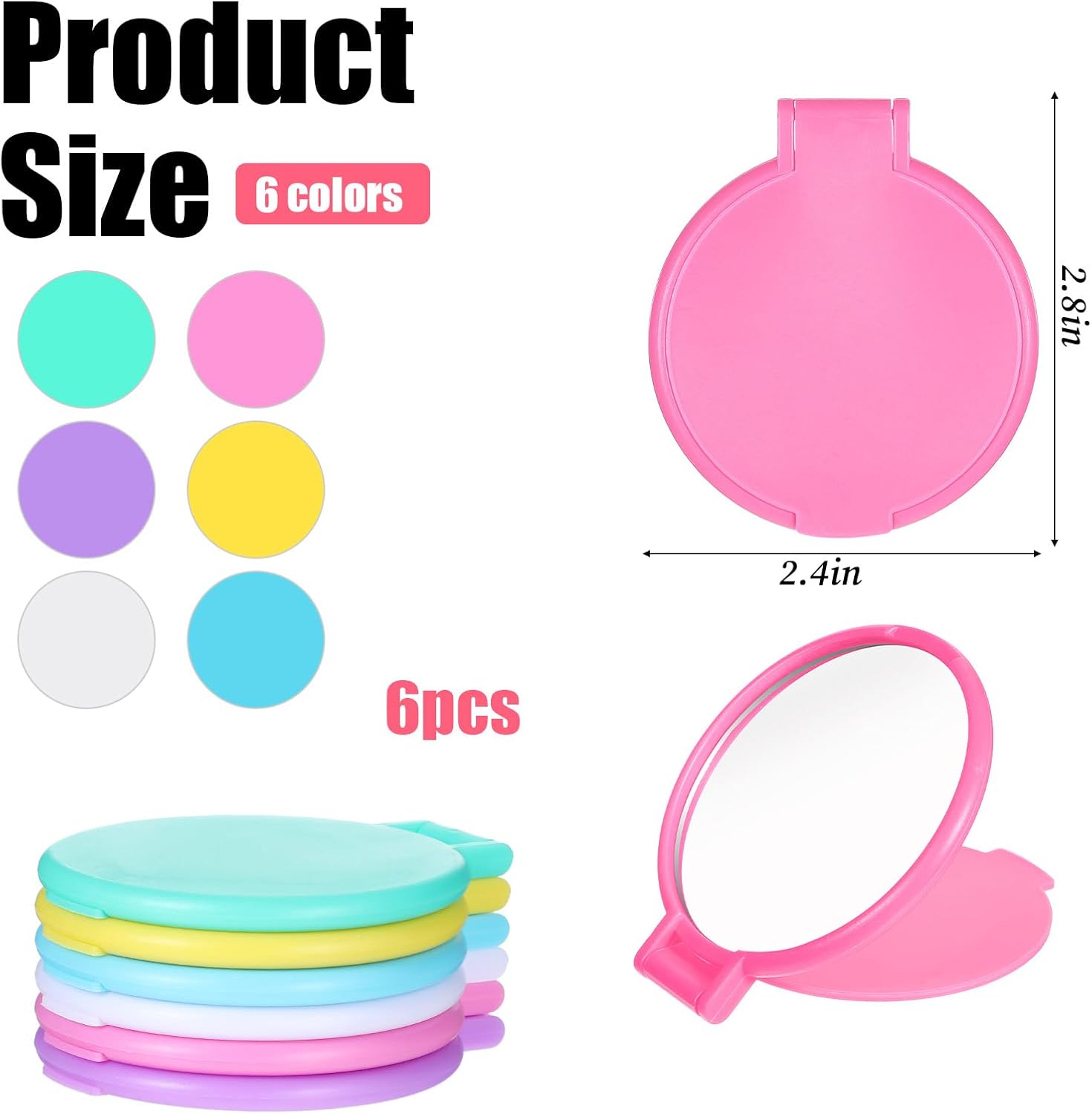 6 Pcs Compact Mirrors Bulk, Mini Round Folding Mirrors, Portable Pocket Mirror, 2.4 Inches Makeup Mirror, Small Portable Travel Makeup Looking Glass for Purse Women Girls Daily Use (6 Colors)