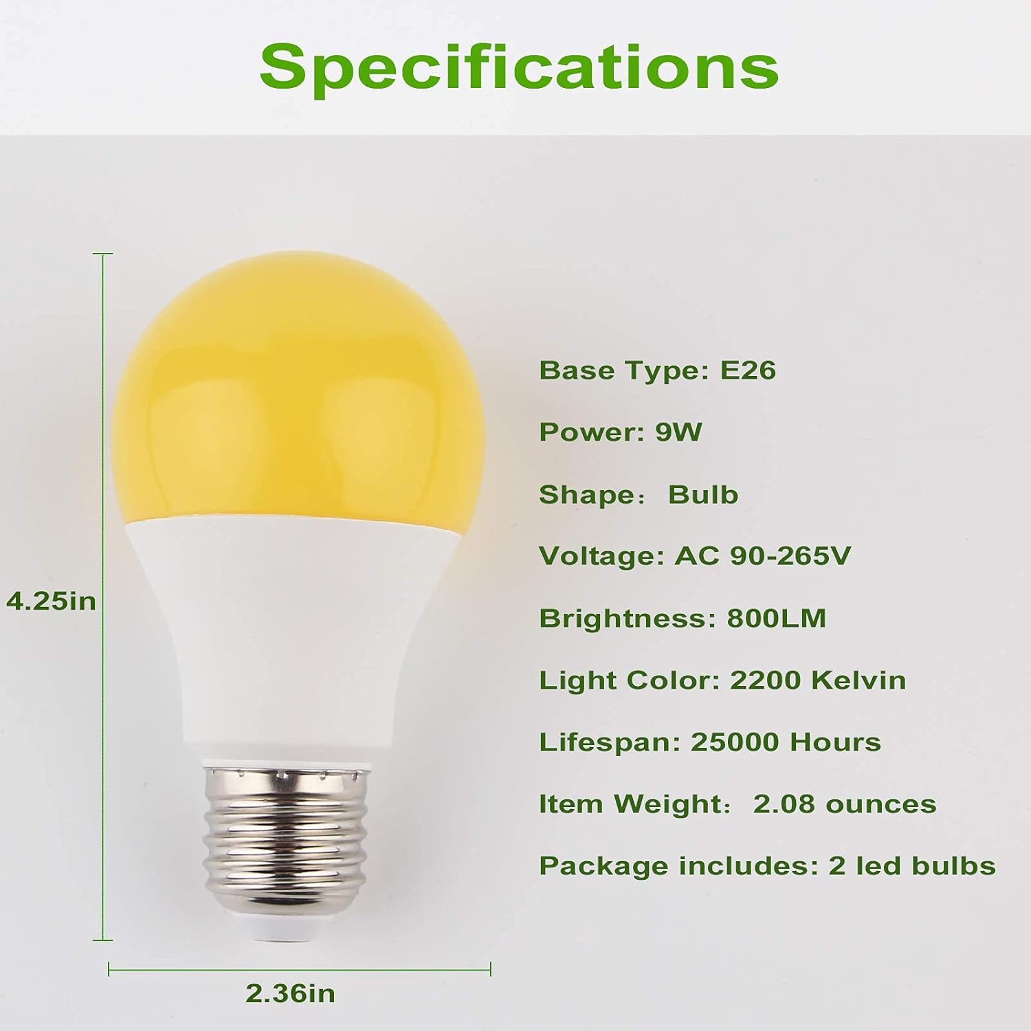 Diagram showing detailed specifications of the GREENIC yellow LED bulb, including dimensions, base type, power, shape, voltage, brightness, light color, lifespan, and item weight.