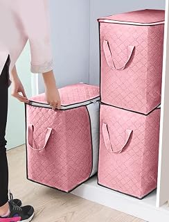 3-Pack Heavy-Duty Storage Bags with Zipper | Waterproof Moving & Travel Storage Organizers | Foldable Reinforced Handles for Clothes, Bedding,Blankets | Space-Saving,Vertical Style,Pink