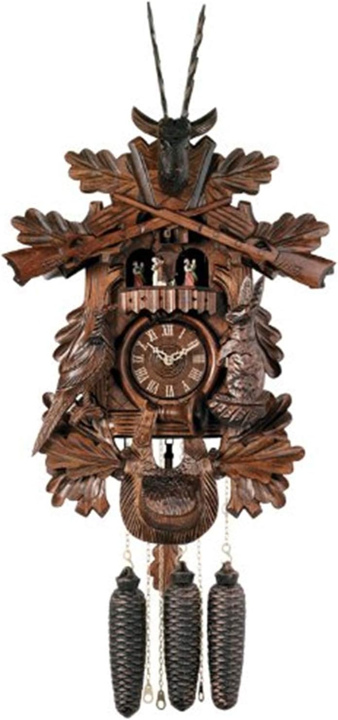 Eight Day Musical Hunter's Cuckoo Clock with Dancers Hand Carved Live Animals, Leaves and Buck