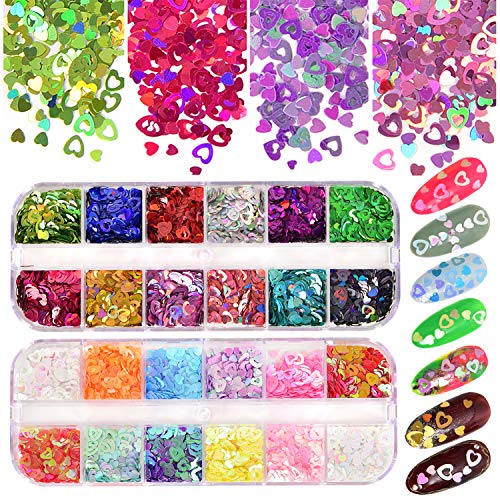 Nail Art Heart Shaped Glitter 24 Color Hollow Heart Shaped Nail Sequins Holographic Heart Shaped Mix 2mm 3mm 4mm Various Sizes Nails and Face Hair Decoration DIY Crafts
