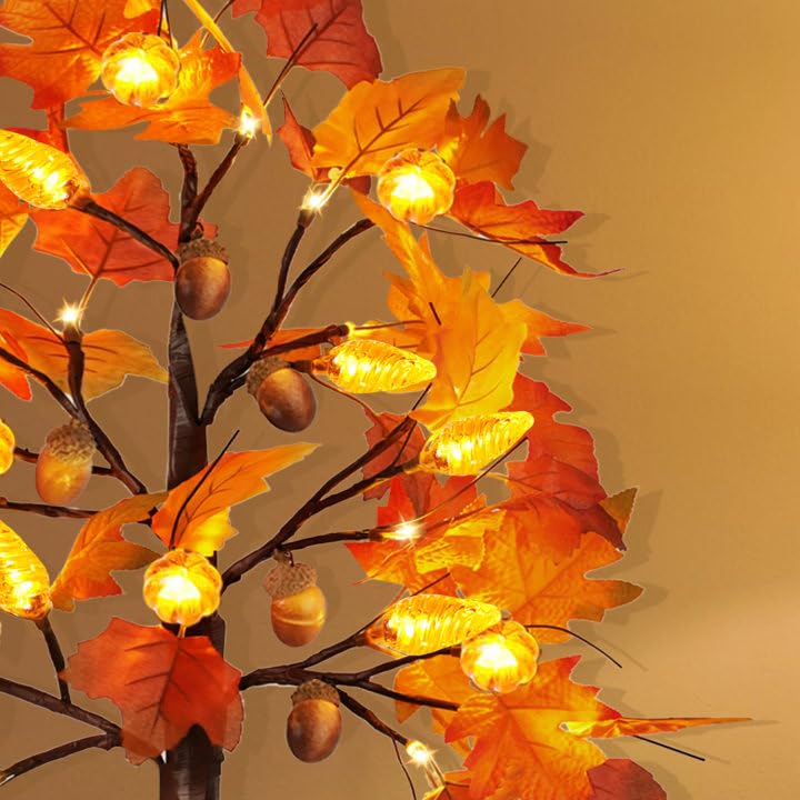 Fall Tree with Lights Thanksgiving Decorations: 2 Pack 2 FT Artificial Maple Leaf Trees 24 LED Lighted Light Pumpkin with Acorns Pinecone Battery Operated Indoor Outdoor Home Table Room Autumn Decor