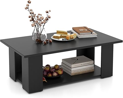 Miniatura 3 de Giantex Mesa auxiliar de 2 niveles con estante de almacenamiento, mesa rectangular rústica industrial para sala de estar, oficina, dormitorio, mesa