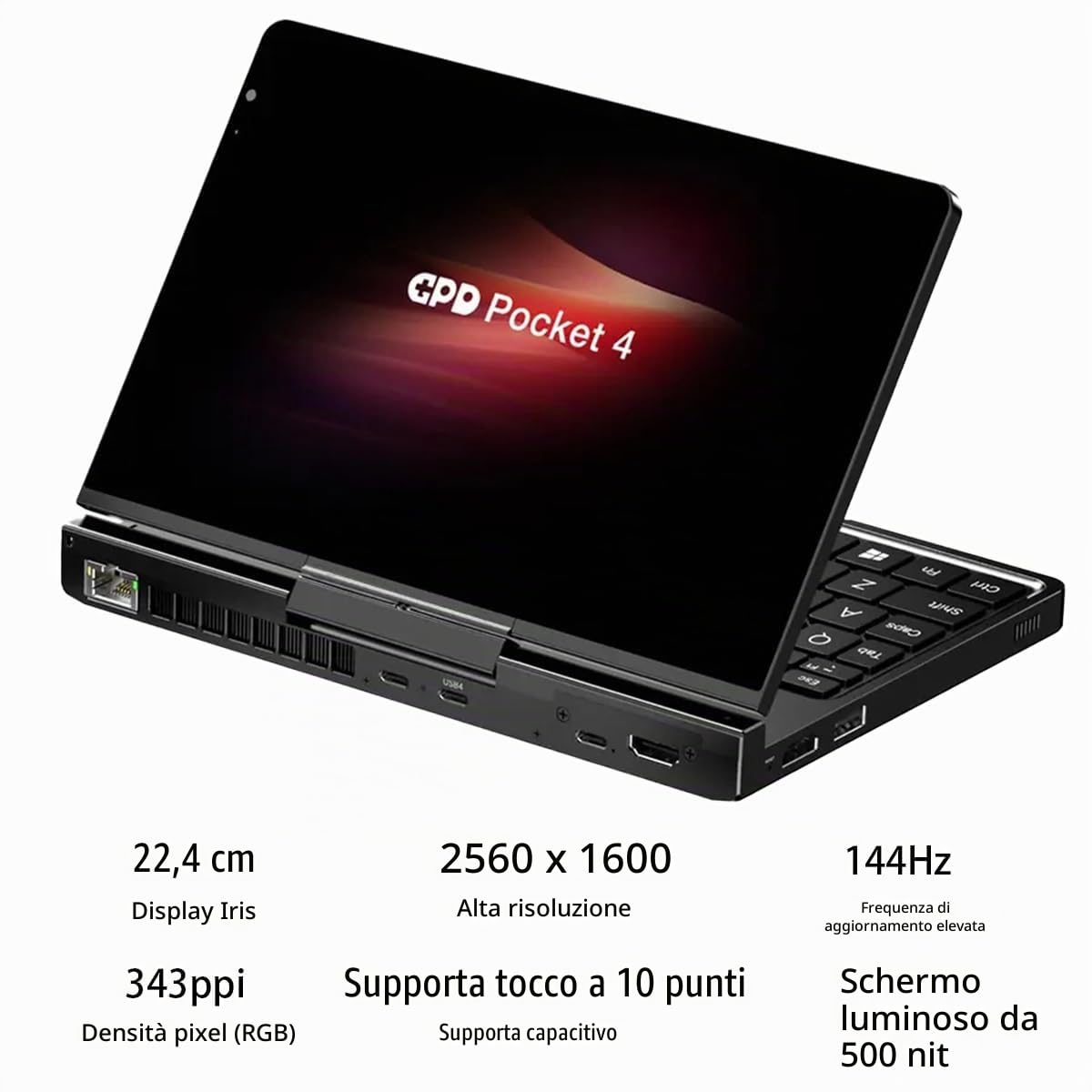 GPD Pocket 4 Mini Laptop 8.8" 2.5K 144Hz Touchscreen con AMD Ryzen AI 9 HX 370 (32GB LPDDR5X | 2TB SSD) Wi-Fi 6E, Bluetooth 5.3, PC palmare modulare AI, per giocatori/sviluppatori/professionisti