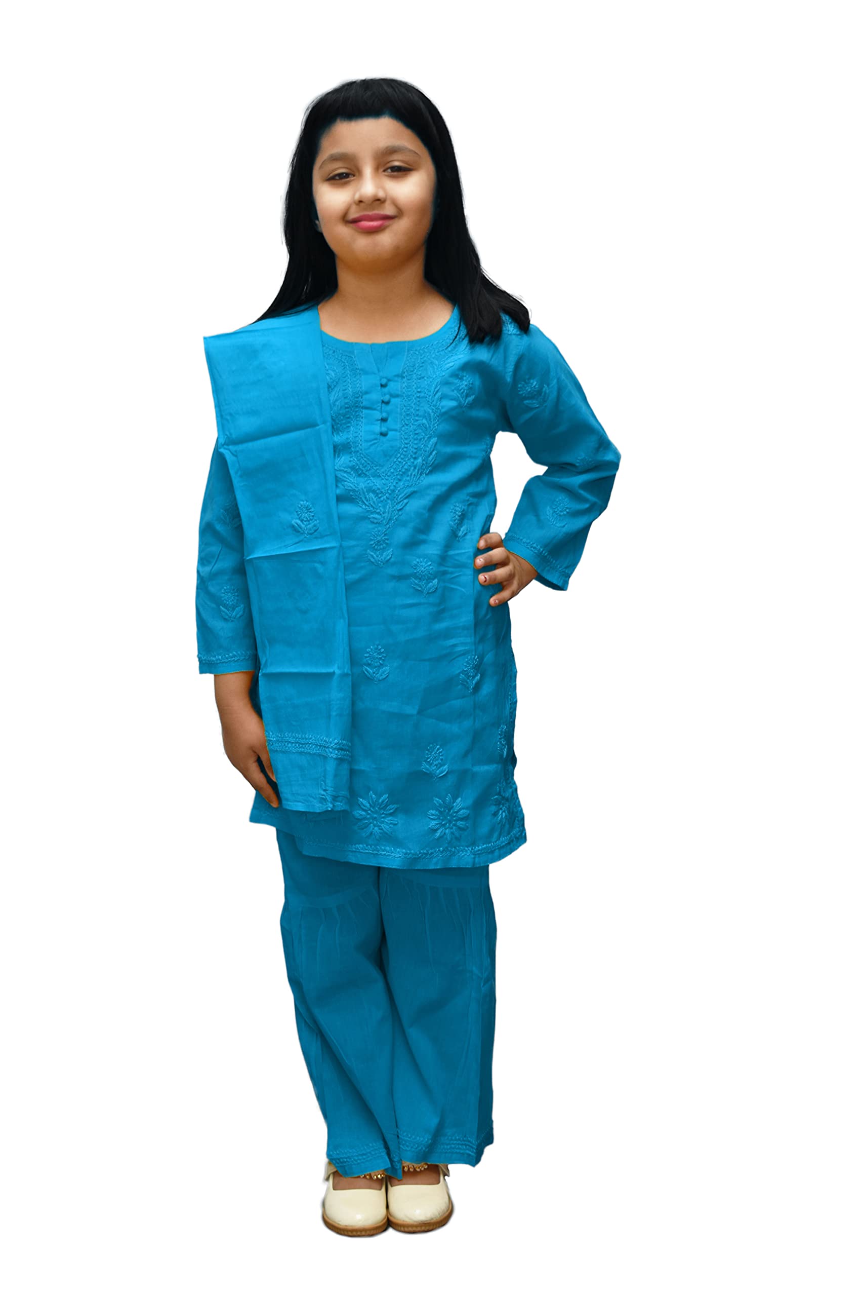 Lucknowi noor Baby Girl Cotton Kurta and Garara Set with Chikan Embroidery Festive Ethnic Wear
