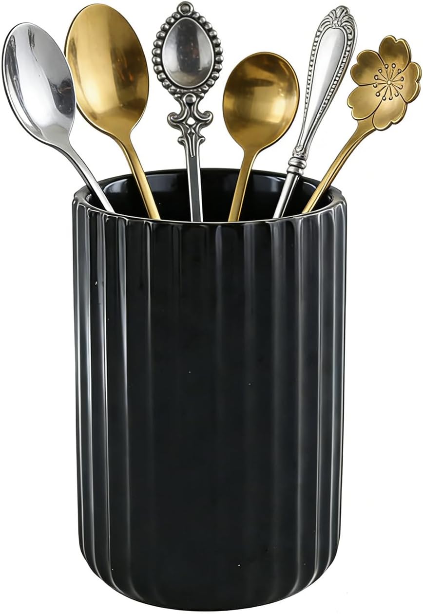 Fluted Vertical Stripe Stoneware Utensil Holder - Small Organizer for Coffee Spoons, Tea Stirrers, Straws & Stir Sticks | Perfect Spoon Rest for Coffee Bar & Tea Station (Matte Black)