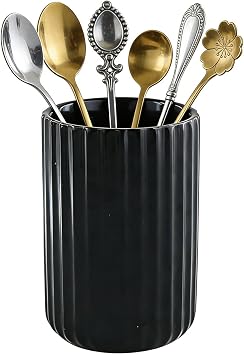 Fluted Vertical Stripe Stoneware Utensil Holder - Small Organizer for Coffee Spoons, Tea Stirrers, Straws & Stir Sticks | Perfect Spoon Rest for Coffee Bar & Tea Station Matte Black
