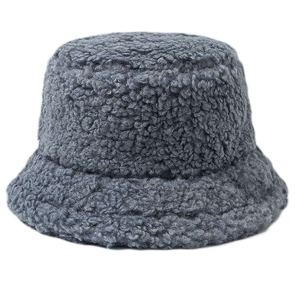 Sodeber Women's Blue Gray Bg Lamb Wool Bucket Hat Plush Fisherman Caps Autumn & Winter Warm Basin Wide Brims
