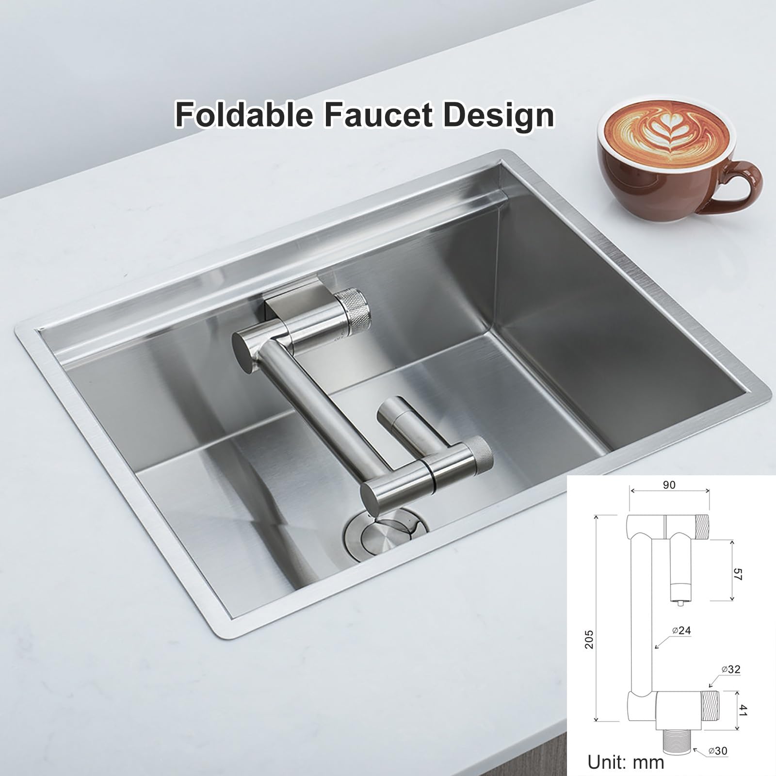 Fregadero Camper, Fregadero Pequeño de Acero Inoxidable 304, con Grifo Plegable y Kit de Desagüe, Apto para Autocaravanas, Furgonetas Camper, Yates y Bares(Silver,300x360mm)
