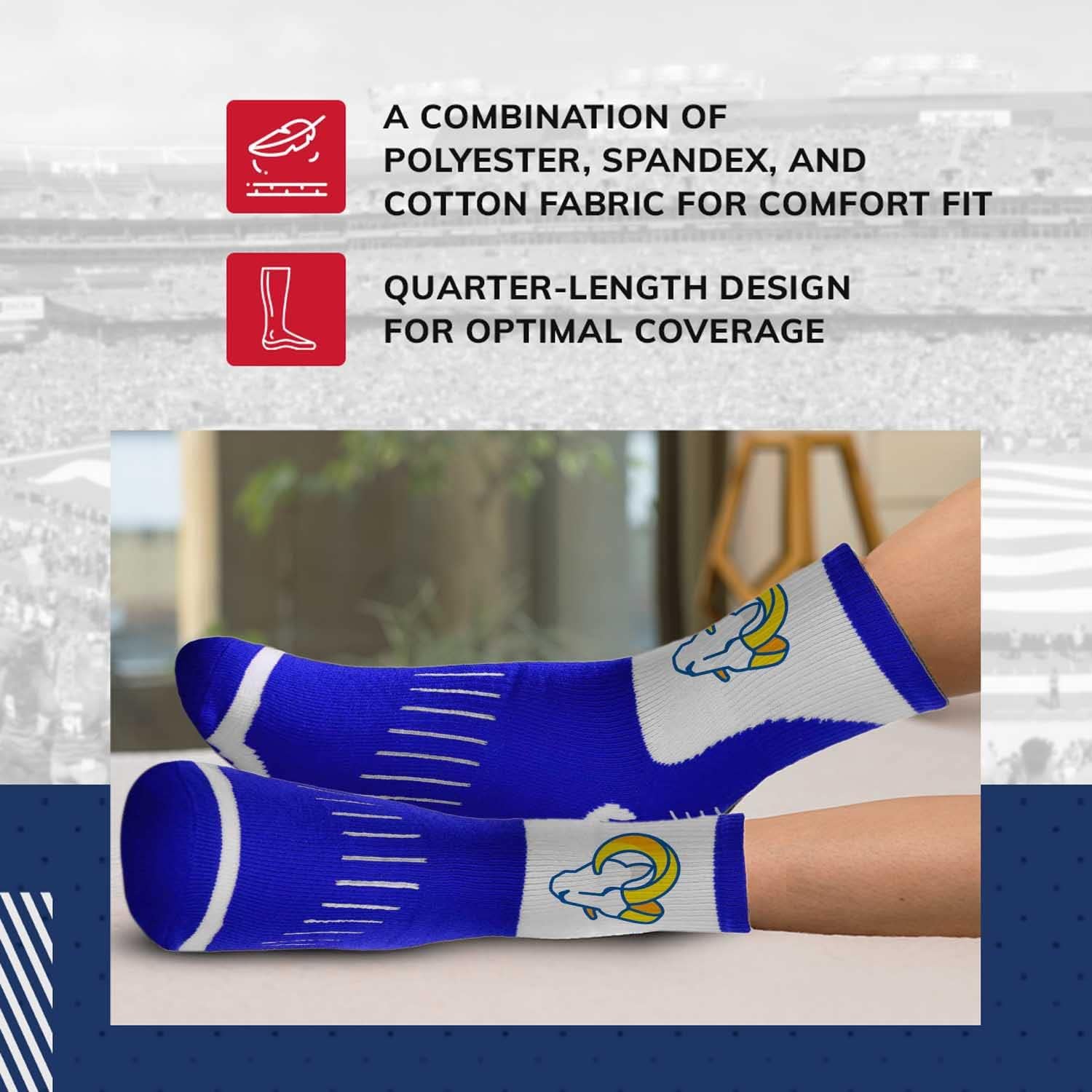 For Bare Feet NFL Performance Quarter Length Socks - Polyester Blend - Men and Woman - Unisex - High-Performance