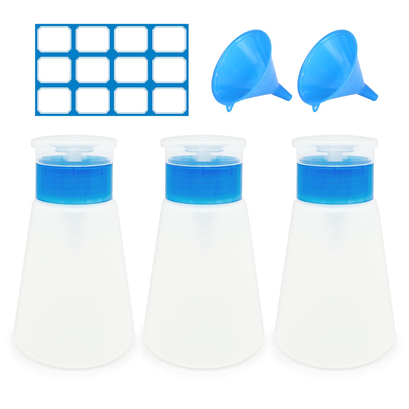 TSHAOUN 3 Pieces Nail Polish Remover Pump Dispenser, 180ml Dispenser Bottle Travel Liquid Bottle Container, Push Down Cleanser Bottle for Alcohol, Acetone, Nail Polish & Makeup Remover, Toner (Blue)