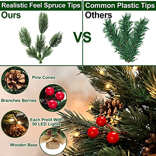 2 Pack 20 Inch Super Thick Prelit Tabletop Christmas Tree Decor Realistic Feel 8 Modes Timer 50 Warm Lights Battery Operated Red Berries Pine Cone Artificial Tree Christmas Decorations Indoor Home #TOP2