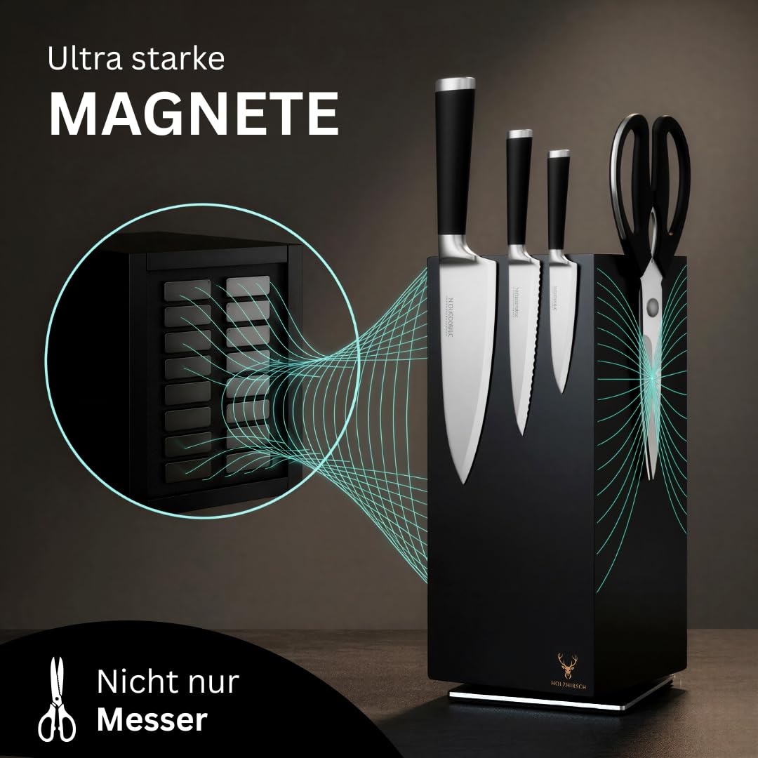 Messerblock ohne Messer magnetisch [Premium] | 360° drehbar | 4,5 kg schwer | Rutschfeste Edelstahl-Basis | Massiver Holzkern | Obsidian BlackWood