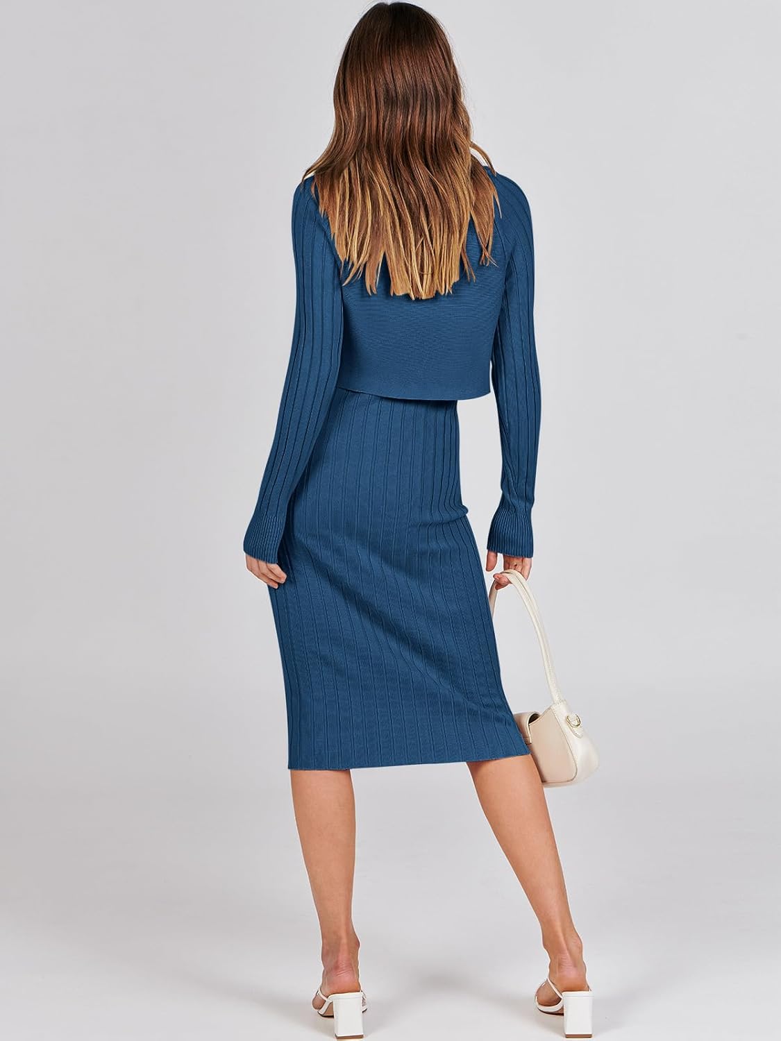 ANRABESS Womens 2 Piece Outfits Sweater Dresses Set Midi Skirt Sets Long Sleeve Crop Top Bodycon Ribbed Knit Dress 2025 Fall - Image 5