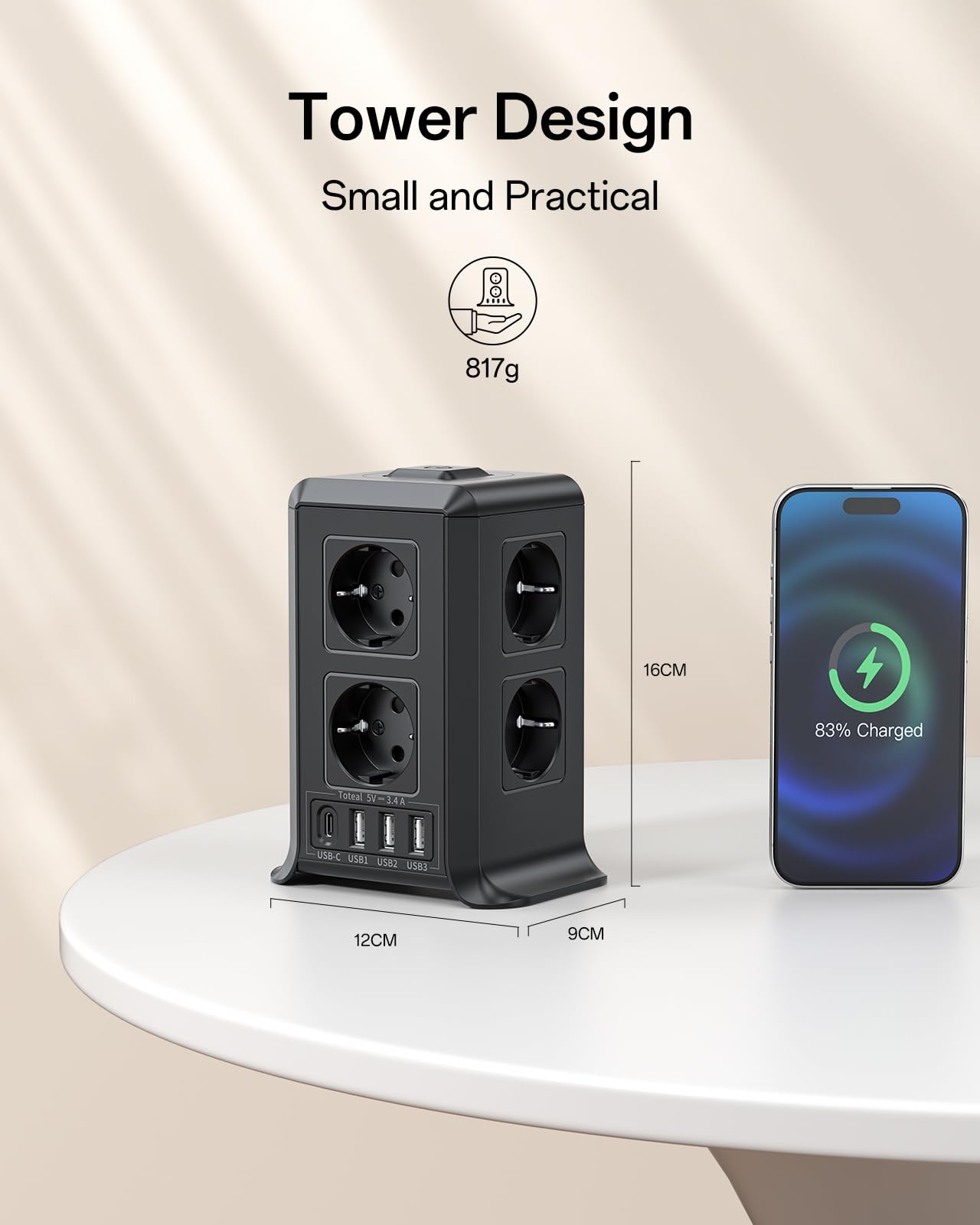 Multiprise avec Interrupteur, Multiprise Parafoudre et Surtension with 8 Sortie AC and 4 USB Ports, pour Le Bureau, Salon, Chambre à Coucher