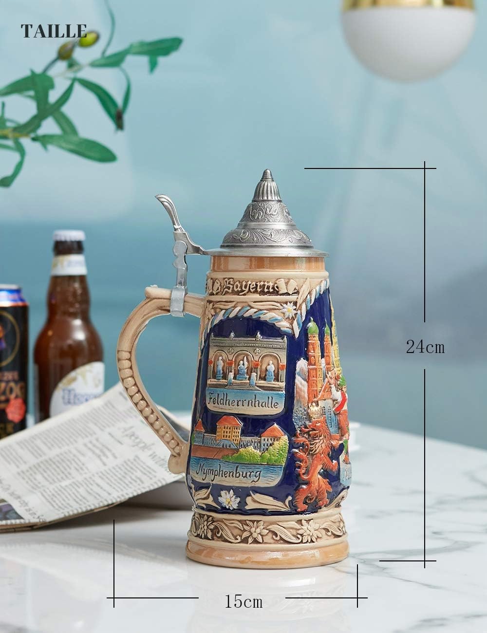 HAUCOZE Chope à Bière Allemande Oktoberfest Viking Bavière Tankard 1.0Liter | Céramique Tasse avec Couvercle Bar Maison Décoration Anniversaire Festival Cadeau pour Homme Père Mari