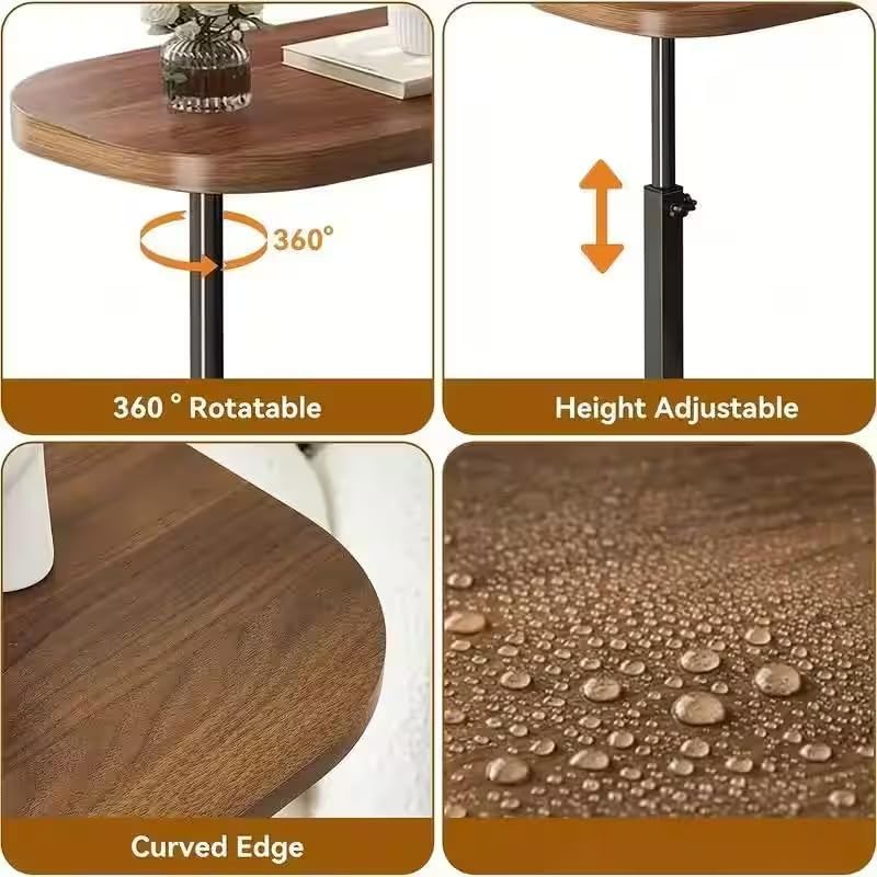 Image of Owme C Shaped Side Table for Sofa Bed, Adjustable Height Laptop Table with 360 Rotating Desktop, Wooden Finish Compact End Table for Living Room, Portable Snack Coffee Table with Metal Base