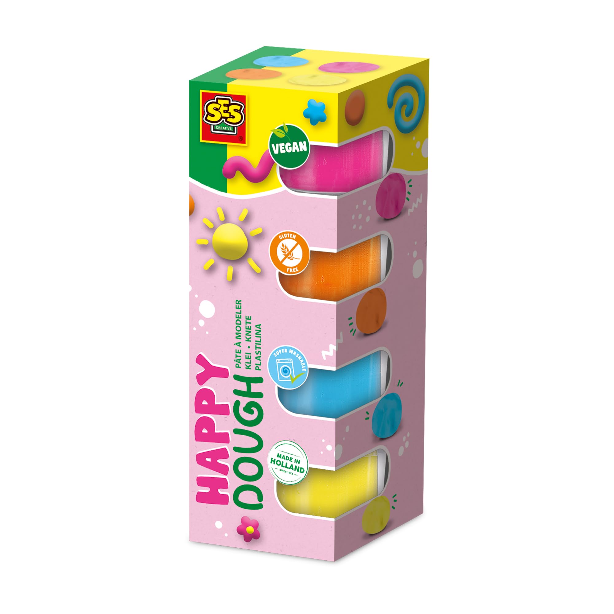 SES Creative Feel Good Happy Vegan Gluten-Free Play Dough, for 1 Year olds, Hot Pink, Light Blue, Orange, Yellow