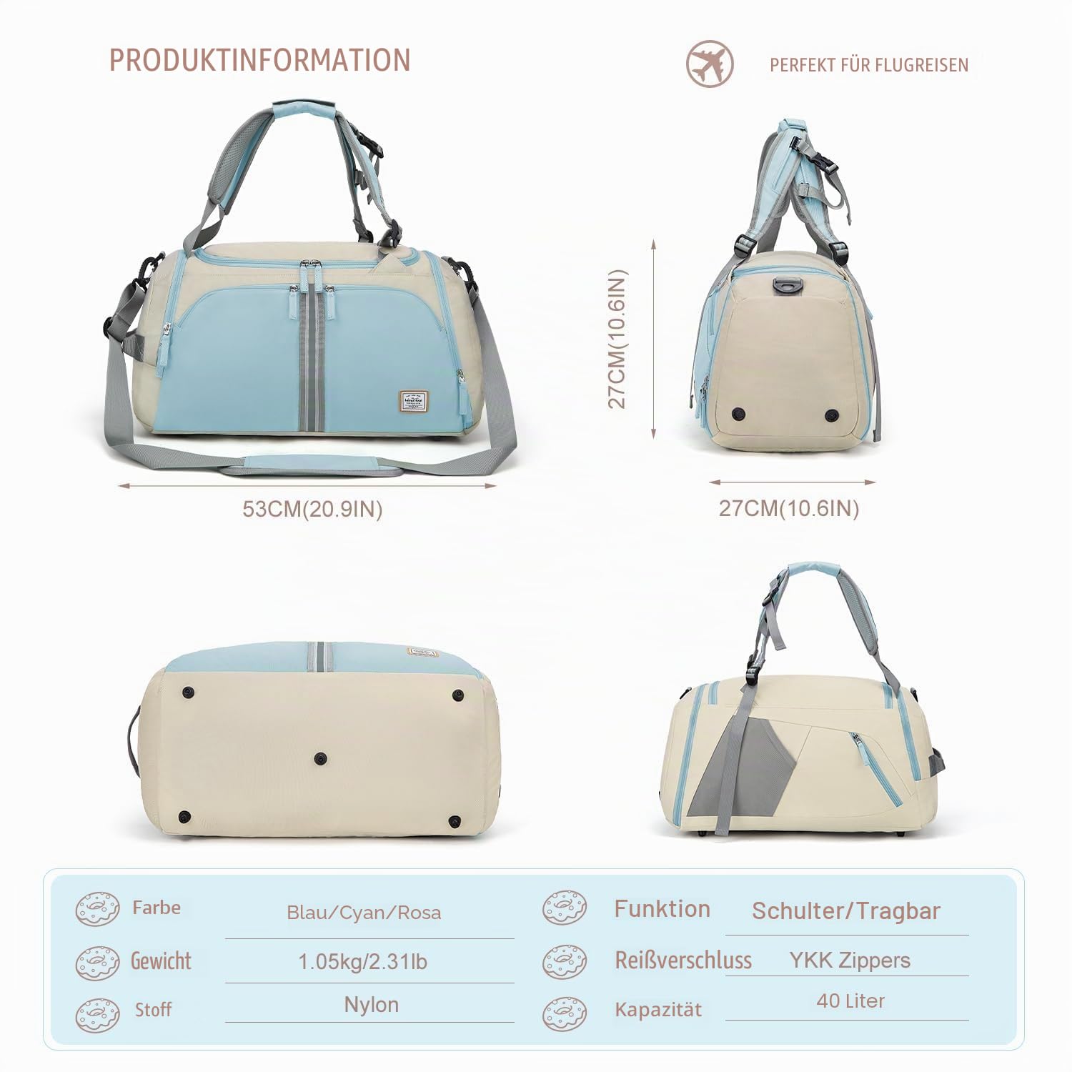 WindTook Sporttasche Damen 40L Fitnesstasche Frauen Trainingstasche Reisetasche Duffel Bag Weekender Schwimmtasche mit Schuhfach Tanztasche Sport Gym Tasche Herren Travel Bag für Yoga, 53x27x27 cm