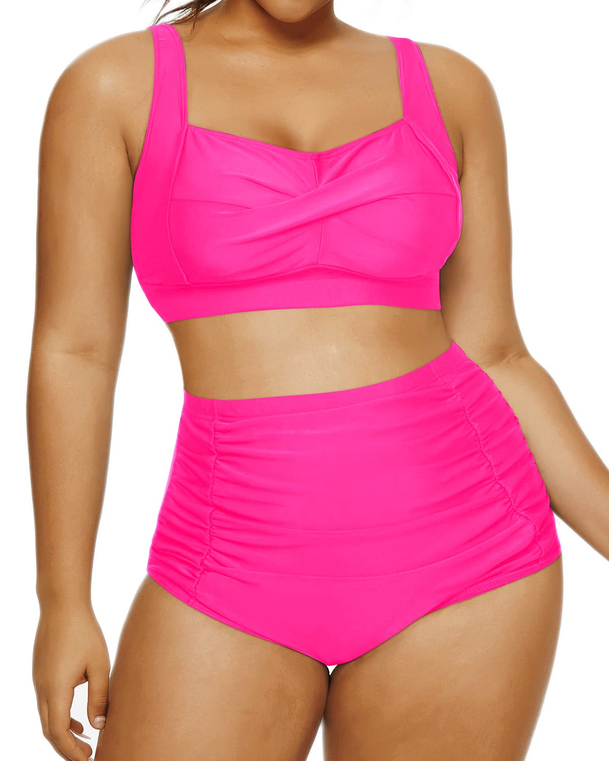 Daci Women Plus Size Bikini High Waisted Vintage Twist Front Tummy Control Two Piece Swimsuits Hot Pink 18W