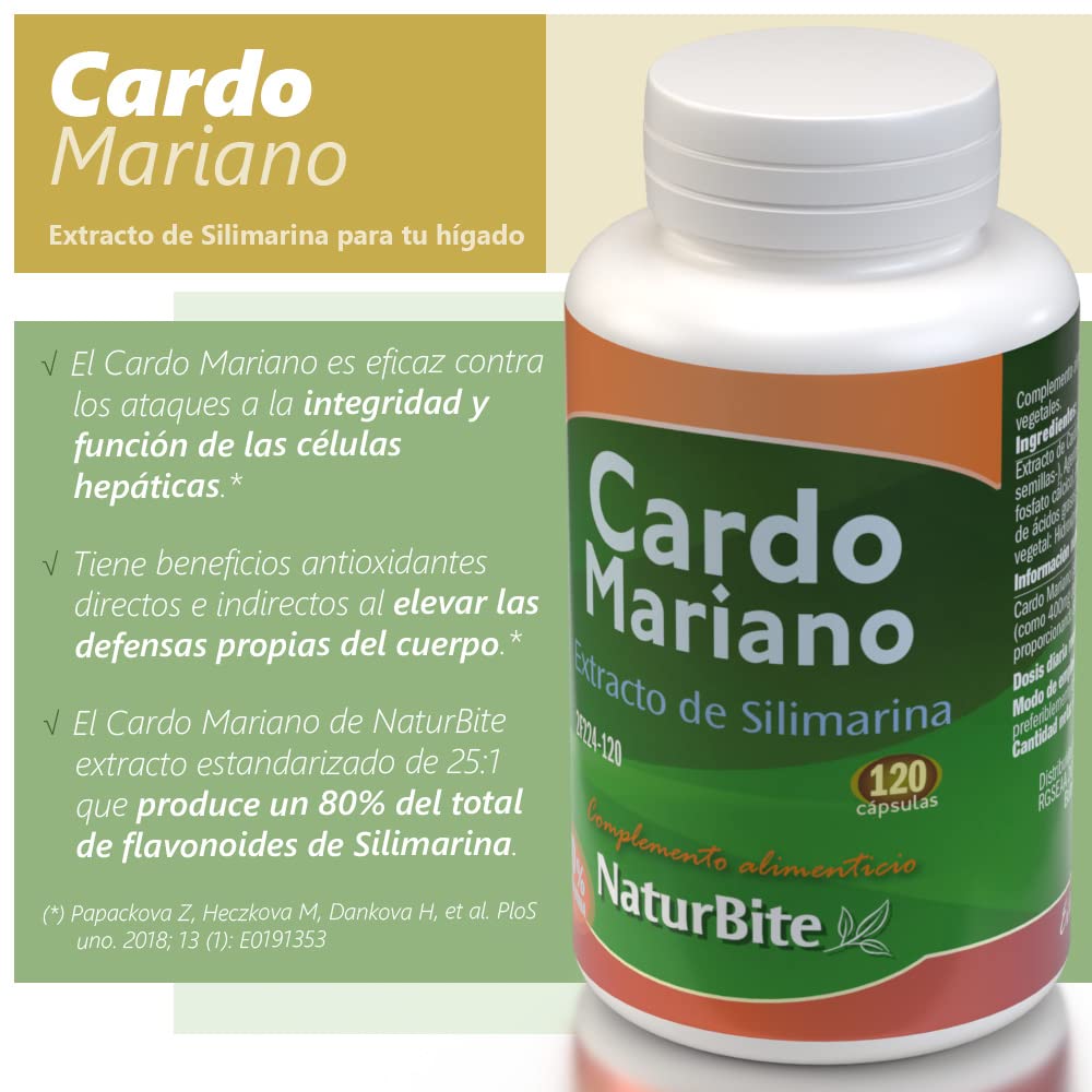 Extracto de Silimarina (Cardo Mariano), 120 cápsulas de alta concentración, 80% de Silimarina, NaturBite - Efecto depurativo para el hígado - Detox potente