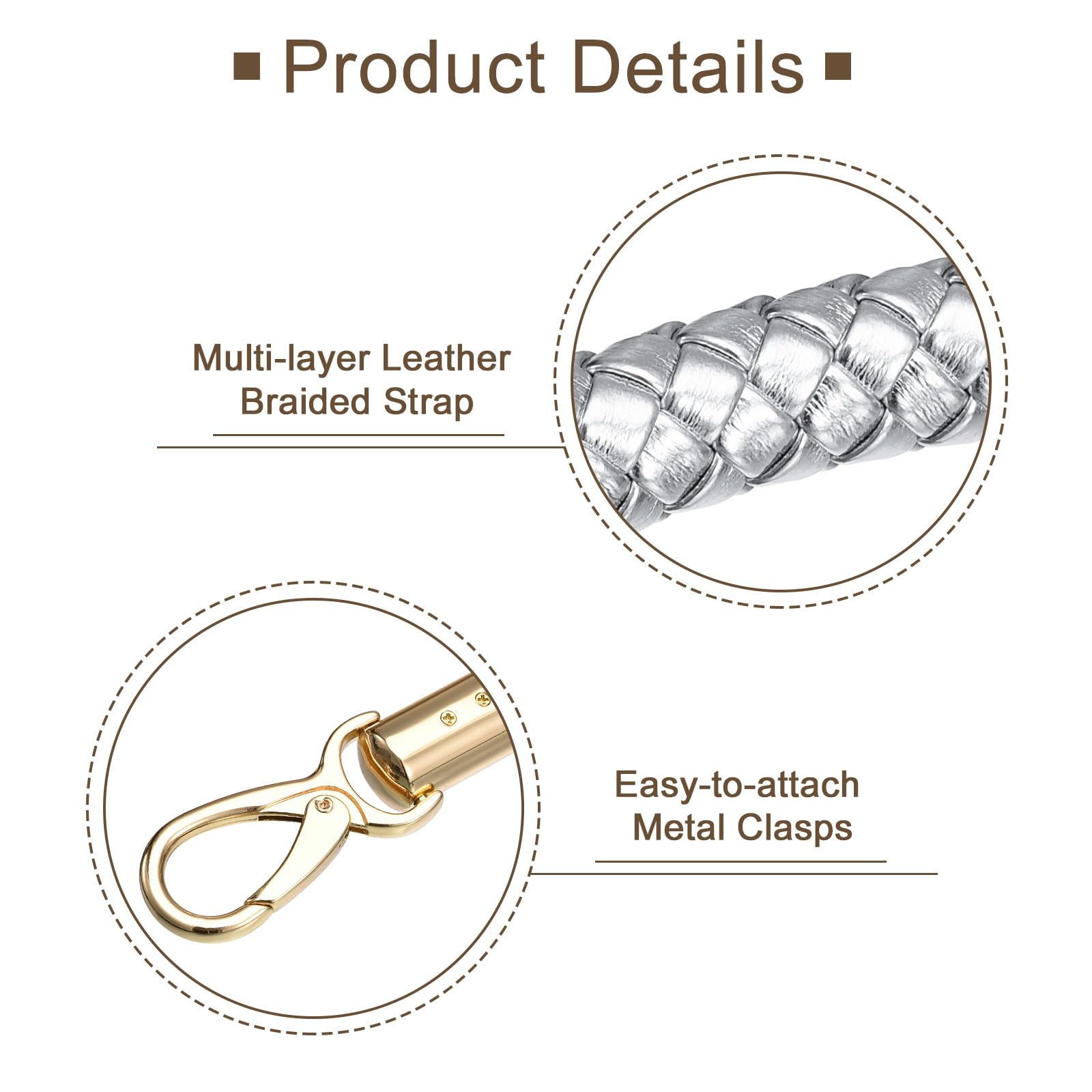 Uxcell Leather Purse Strap, 2Pcs 50cm/19.7" PU Braided Purse Replacement Handle for Women's Handbag Underarm Bag Tote (Silver) - Image 3