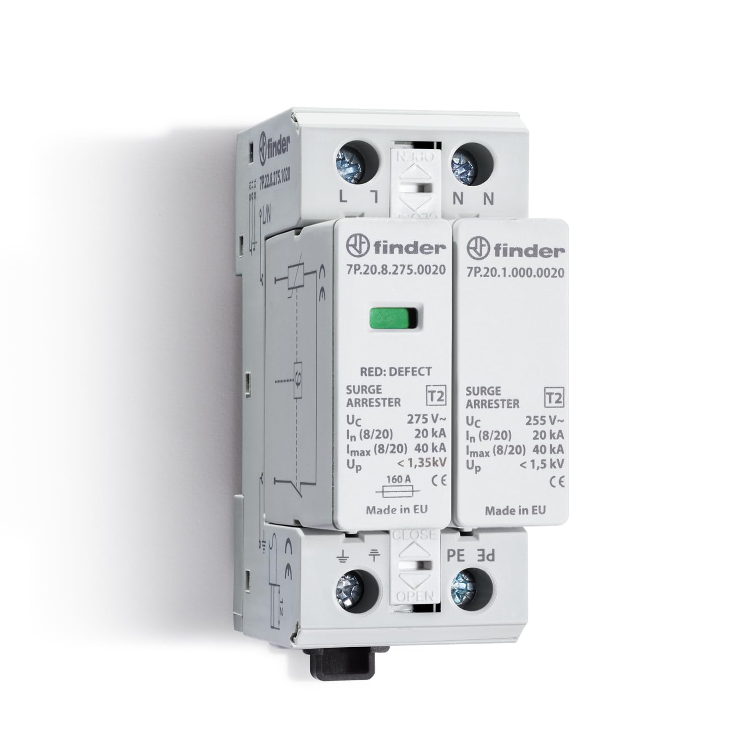 Finder Scaricatore di Sovratensione Tipo 2 7P.22. Protegge da da sovratensioni indotte e di manovra. Per sistemi TT e TN-​S monofase con neutro. Protezione varistore L-​N + spinterometro a gas N-​PE