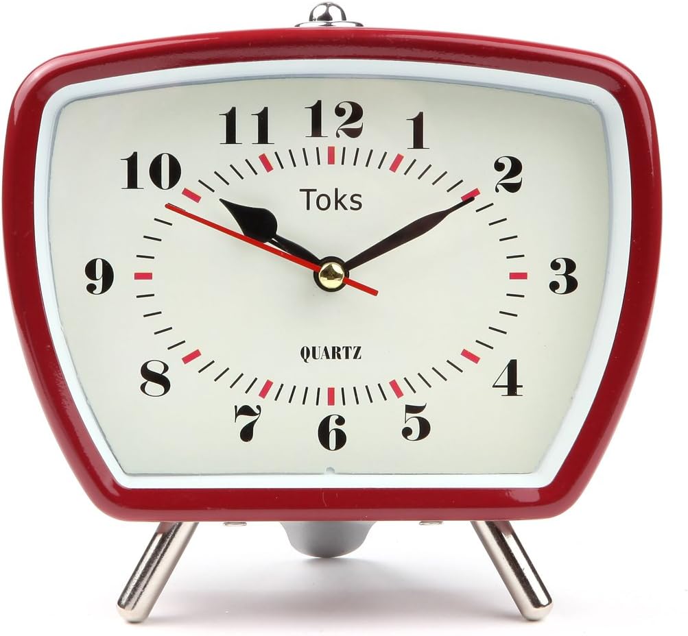Lily's Home Vintage Retro Inspired Analog Alarm Clock, Looks Like Miniature Television Set with Silver Legs, Small Stylish Clock Adds Character to Any Bedroom, Red (5 1/2" Tall x 5 3/4" Wide)