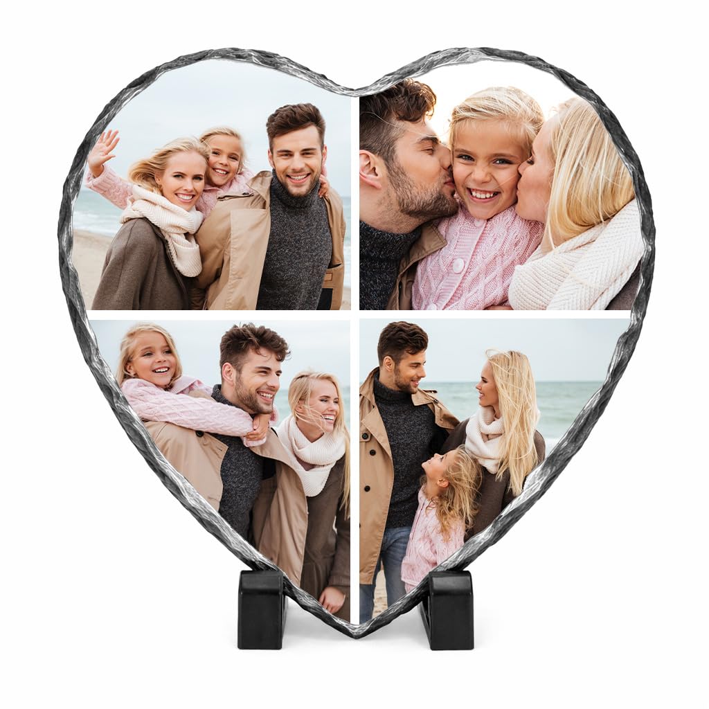 Personalised Rock Slate Photo Square Rectangle Heart Shape Printed Rock Slate Picture for Her Him Custom Gifts for Birthday Anniversary Christmas Wedding Valentines Day Mothers Day (Heart - Collage)