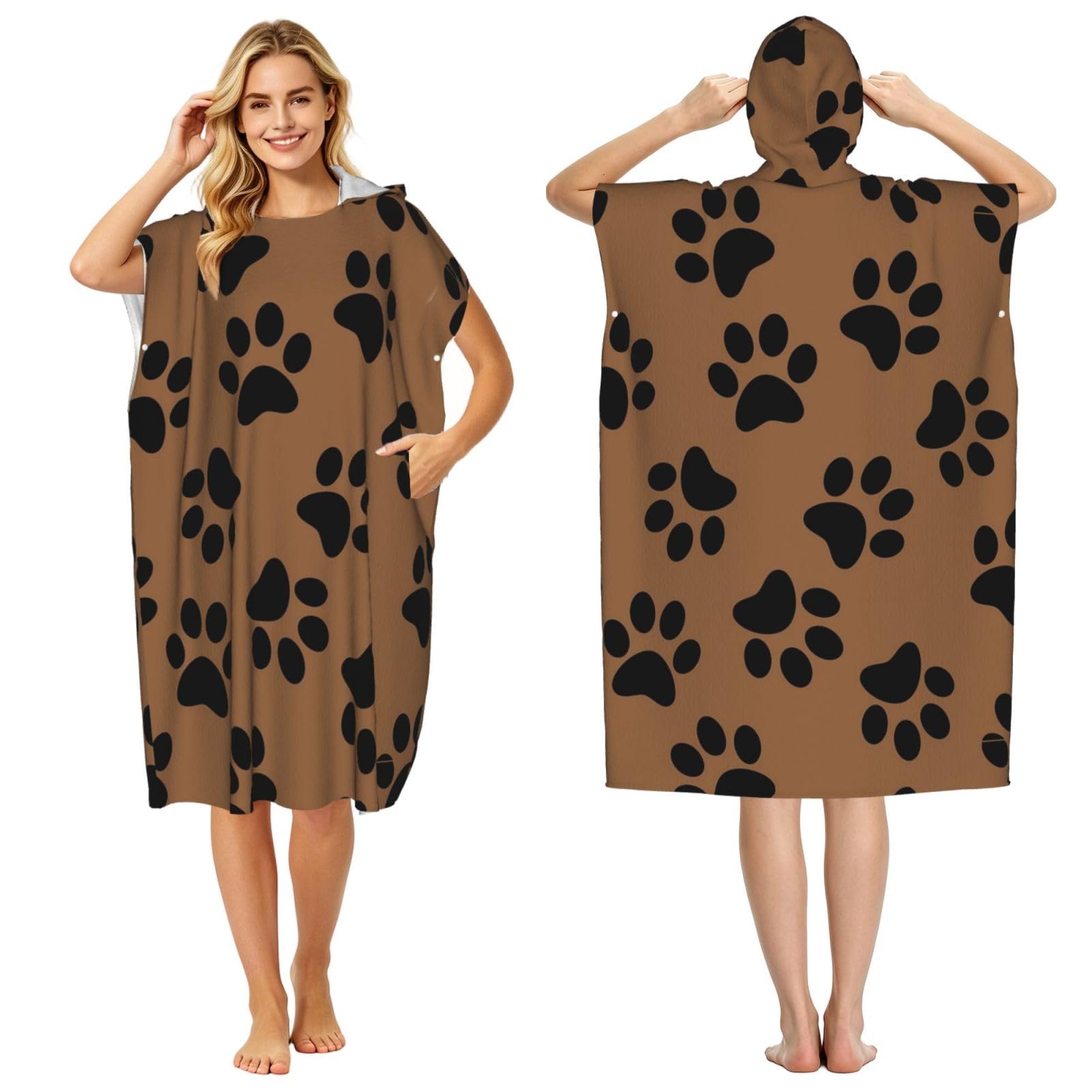 Poadnly Dog Paw Pattern, Adult Hooded Beach Towel 90 x 110 cm,Changing Bath Robe, Surf Poncho Towel For Women Men
