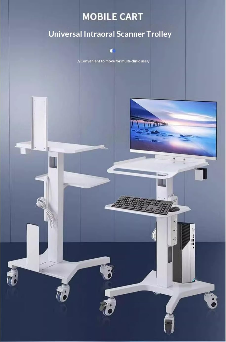 Carrello per postazione di lavoro per laptop medico con ruote, carrello da laboratorio regolabile in altezza con supporto per scanner, robusta scrivania per computer portatile per cliniche dentali