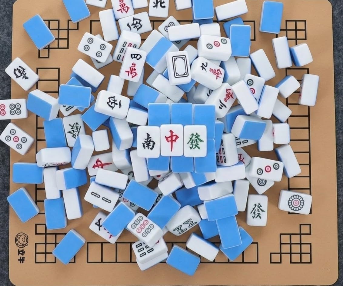 Chinese Mahjong Tile Set Traditional 144 Tiles – 30mm Melamine Mahjong Tiles with Dice中式麻將, 4 Racks, Professional Mahjong Table Mat & Storage Case, Classic Mahjong Game Set for Travel Gathering