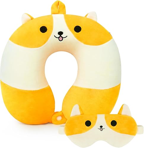 Corgi - Almohada de viaje para niños y adultos, almohada de cuello de dibujos animados con máscara de ojos para viajes, almohada de espuma