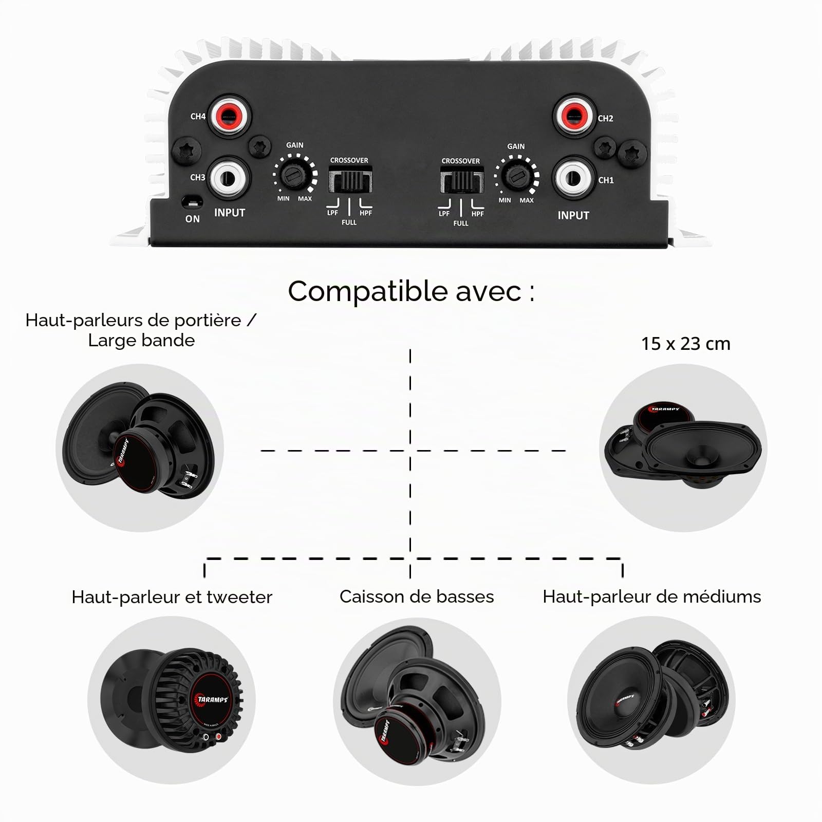 Taramps TS 400 x 4 Gamme complète 2 Ohms 4 canaux 400 W RMS Classe D Amplificateur audio de voiture multicanal Indicateur LED Réponse en fréquence croisée 10 Hz à 30 kHz passe-haut et passe-bas