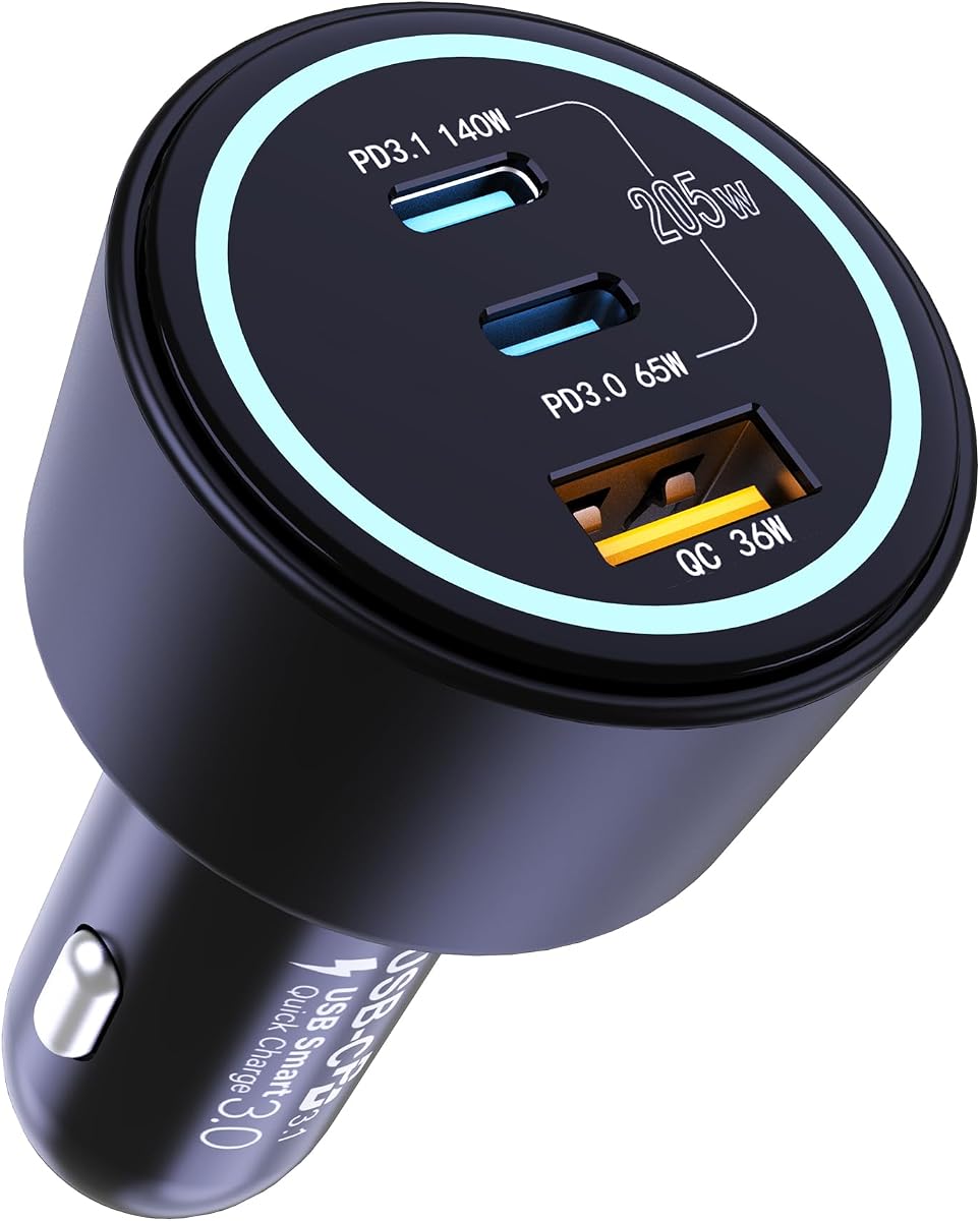 205W USB C Car Charger - 3-Ports, PD3.1 140W | PPS/QC3.0 Fast Charging, Type C Laptop Cigarette Lighter Adapter for MacBook Pro, iPhone 17/16 Pro Max